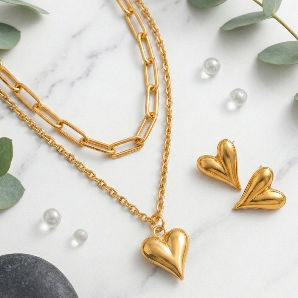 18k Gold Plated SS Puffy Heart Layered Necklace and Stud Earring Set Gold